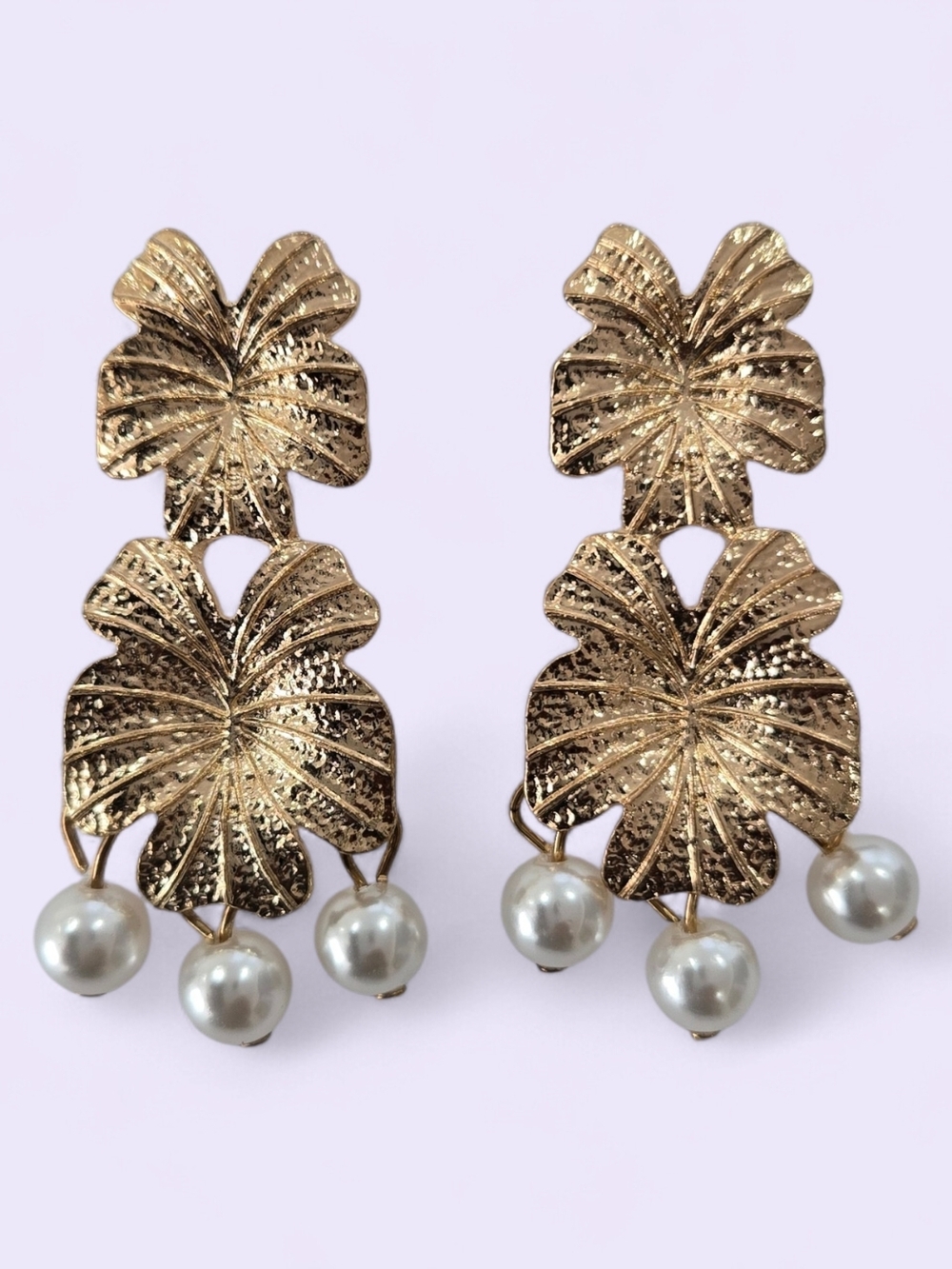 Gold Tone Leaf Drop Earrings with Pearl Accents